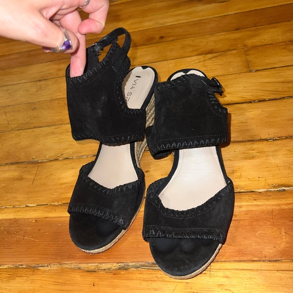 Via Spiga Izett Black Suede Wedge Espadrille Sandal - Size 8.5 - Picture 3 of 6